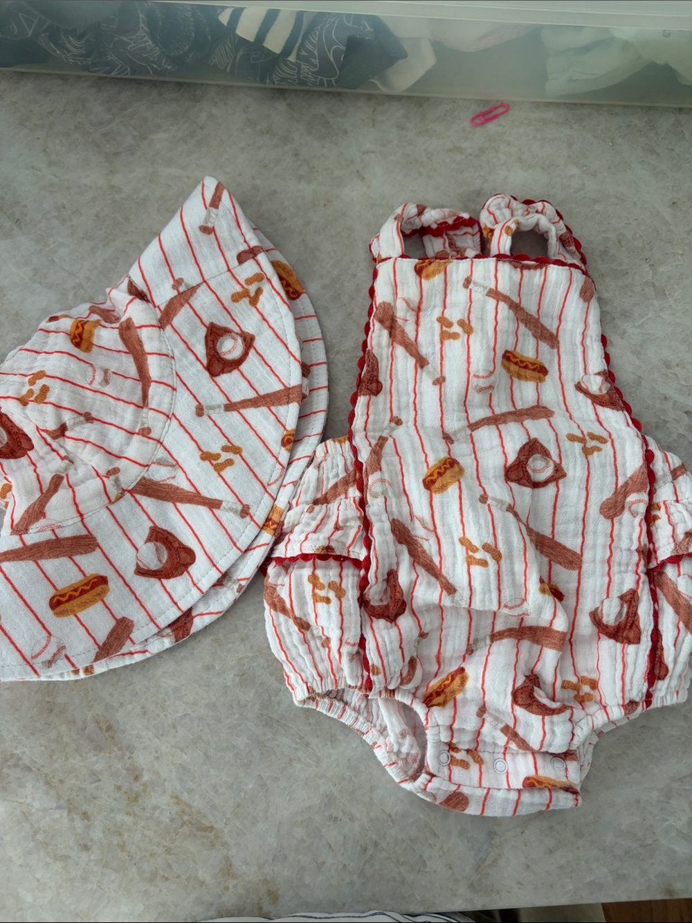 Kids Striped White & Rust Bucket Hat – Playful Bakery Print